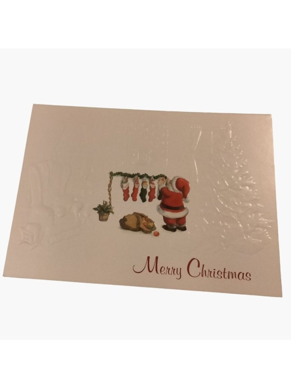 Vintage Merry Christmas Card Santa Filling Stockings  Wishing Peace Joy